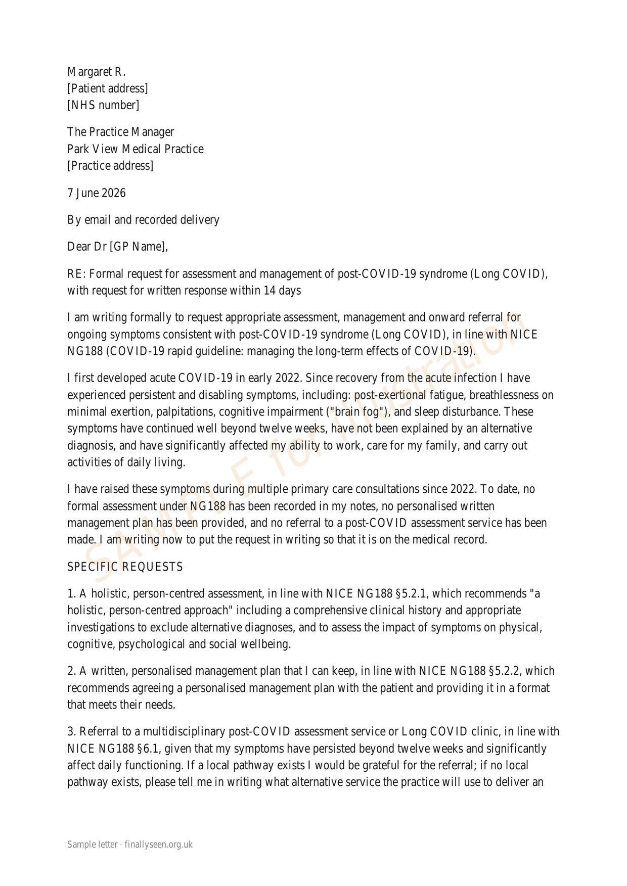 Page 1 of a sample Finally Seen letter to a GP citing NICE NG188 for Long Covid