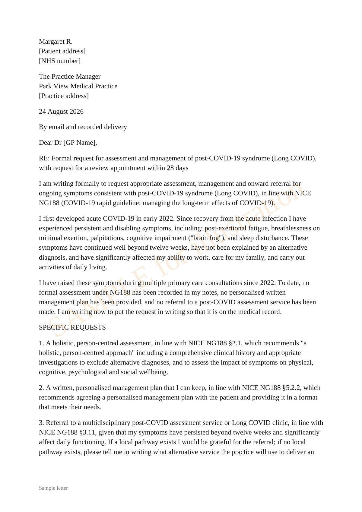 Page 1 of a sample Finally Seen letter to a GP citing NICE NG188 for Long Covid