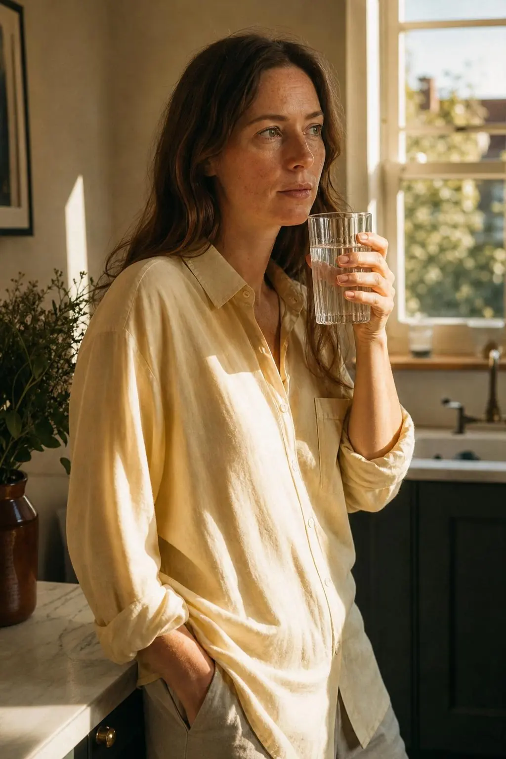 A woman holding a glass of water in a sunlit kitchen, looking calmly off-camera